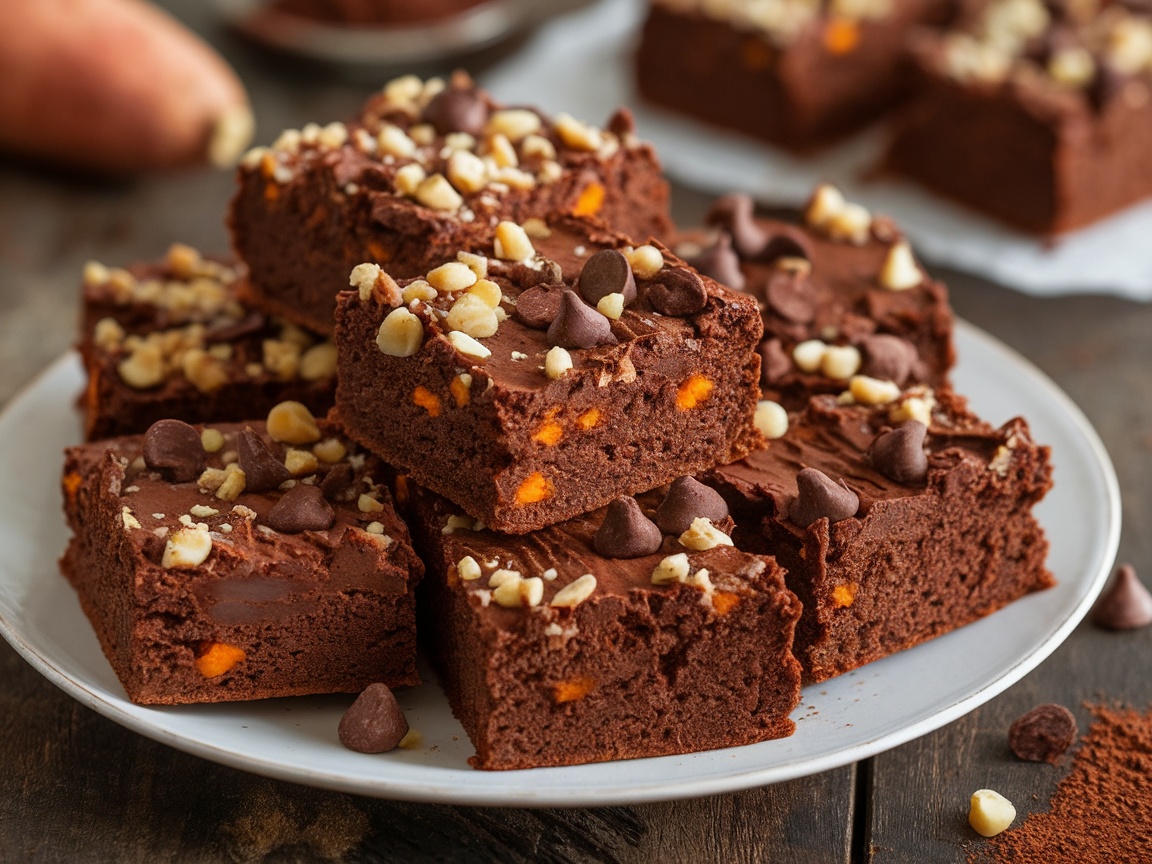 Decadent vegan sweet potato brownies cut into squares, topped with nuts and chocolate chips on a rustic table.